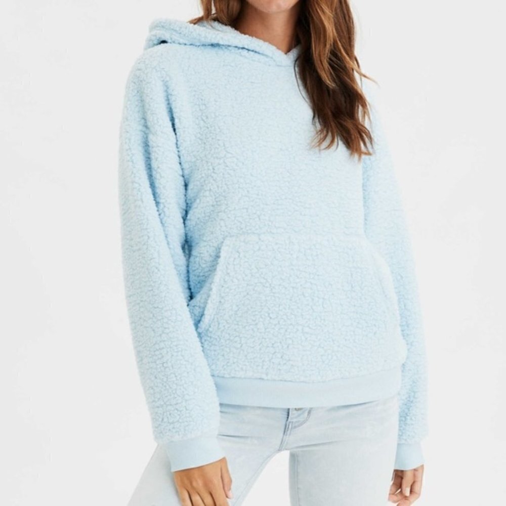 American Eagle AEO Light Blue Teddy Sherpa Hoodie Sweatshirt M